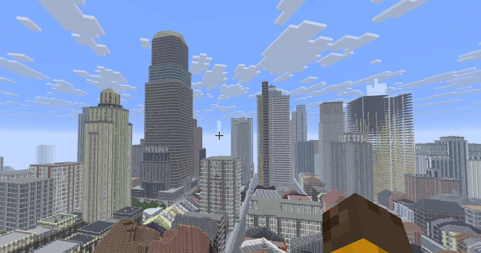 In-game view of the Manhattan Minecraft world generated by MapMC